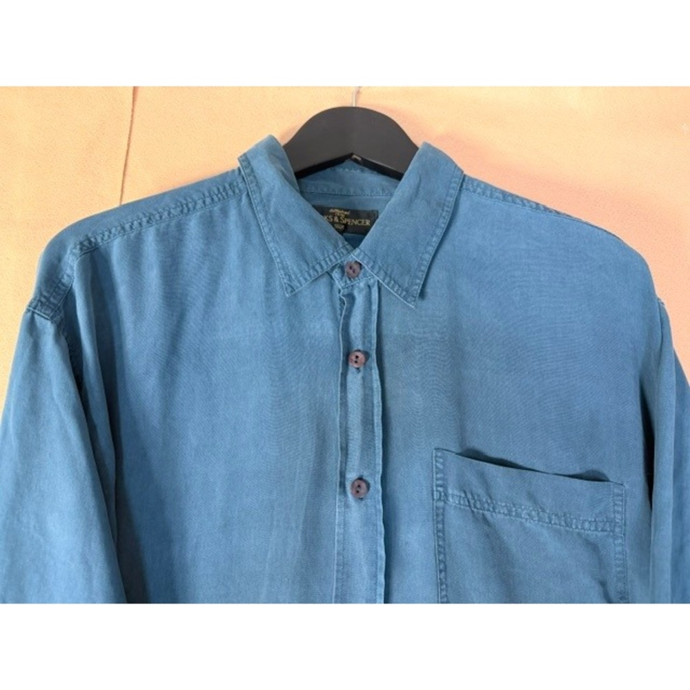 St Michael Marks & Spencer Men's XL 100% Silk Gray Blue Button Down Shirt